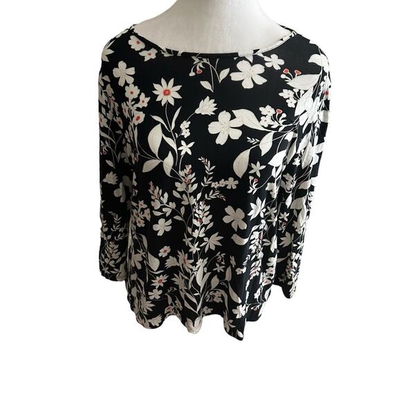 J Jill Wearever Knit Top Blouse Floral Black White Stretch Medium Petite‎ - Picture 7 of 9